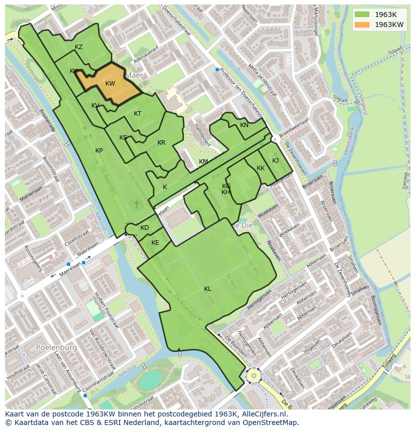 Afbeelding van het postcodegebied 1963 KW op de kaart.