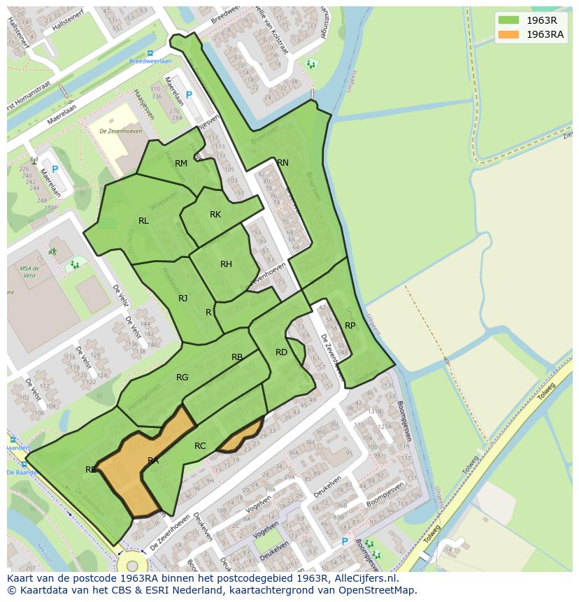 Afbeelding van het postcodegebied 1963 RA op de kaart.