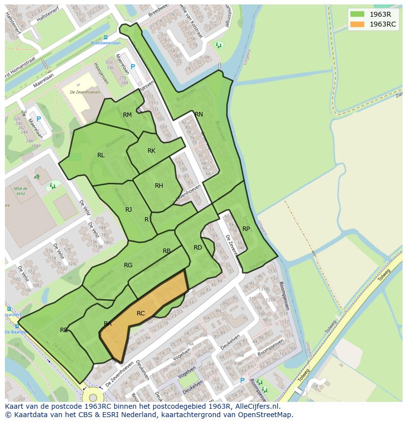 Afbeelding van het postcodegebied 1963 RC op de kaart.