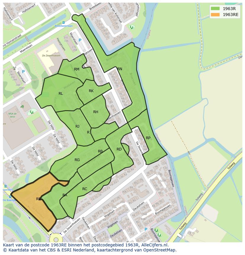 Afbeelding van het postcodegebied 1963 RE op de kaart.
