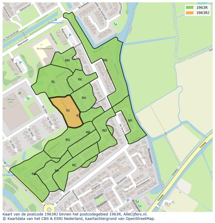 Afbeelding van het postcodegebied 1963 RJ op de kaart.