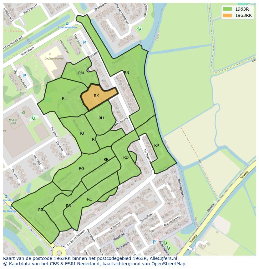 Afbeelding van het postcodegebied 1963 RK op de kaart.