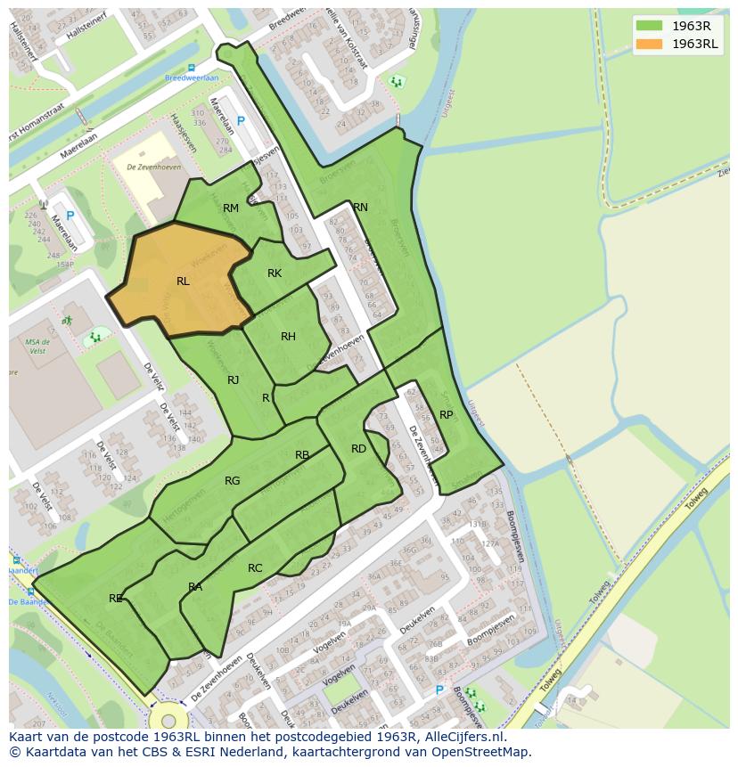 Afbeelding van het postcodegebied 1963 RL op de kaart.