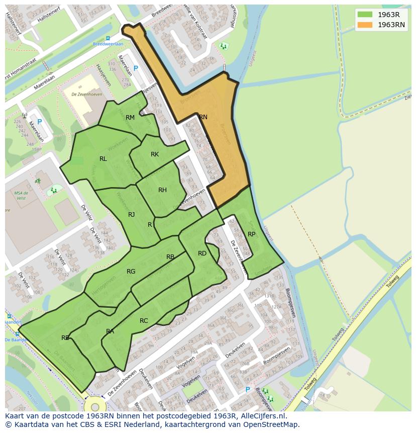 Afbeelding van het postcodegebied 1963 RN op de kaart.