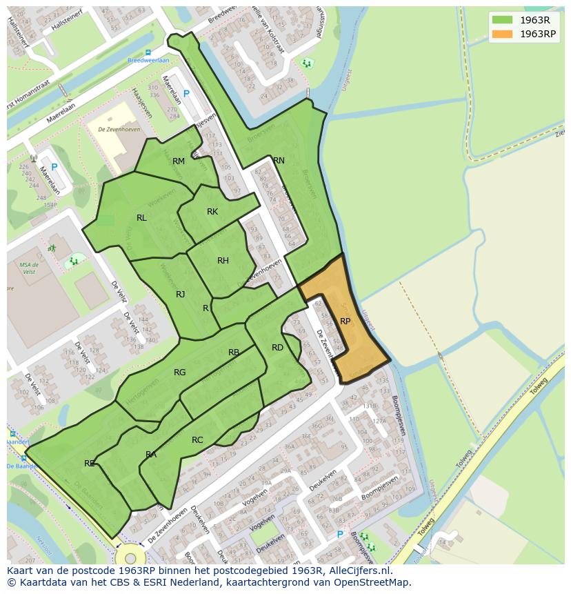 Afbeelding van het postcodegebied 1963 RP op de kaart.