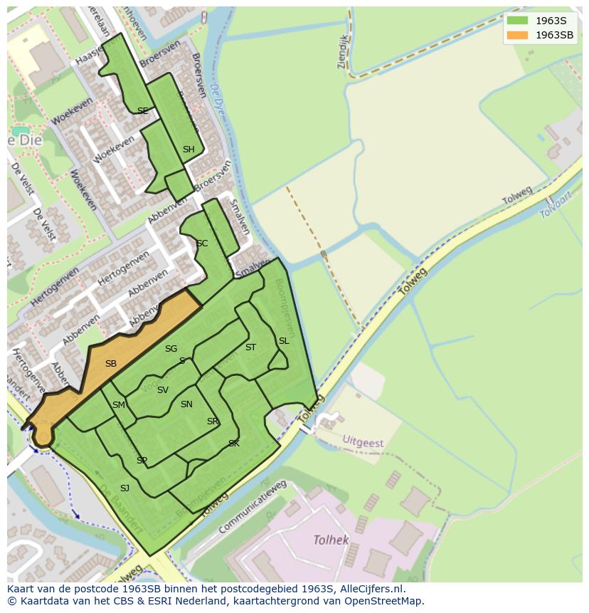Afbeelding van het postcodegebied 1963 SB op de kaart.