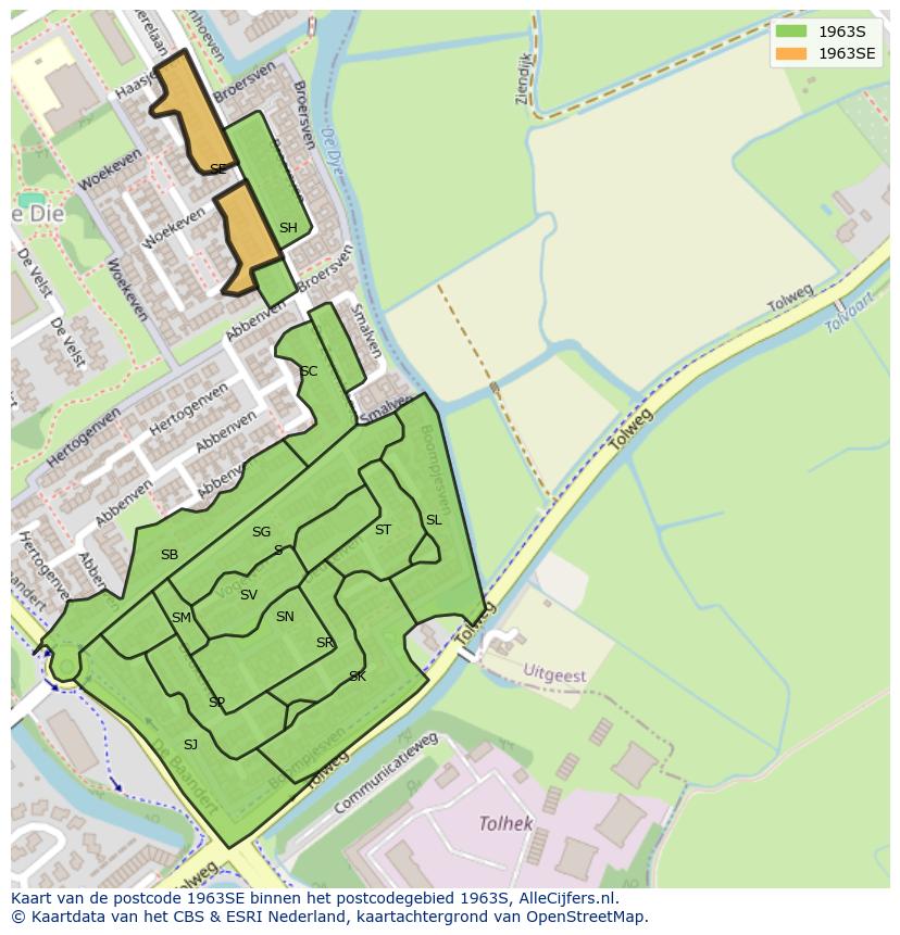 Afbeelding van het postcodegebied 1963 SE op de kaart.