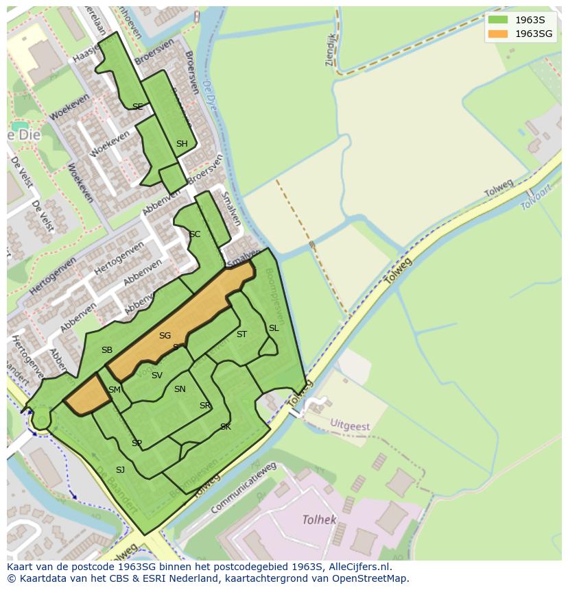 Afbeelding van het postcodegebied 1963 SG op de kaart.