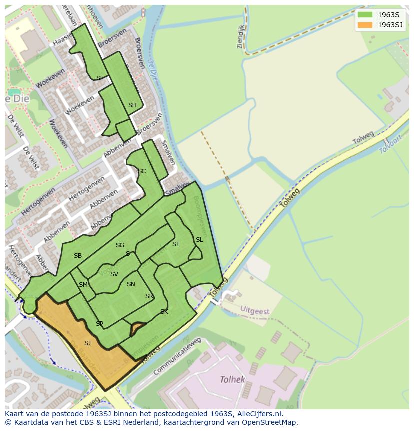 Afbeelding van het postcodegebied 1963 SJ op de kaart.
