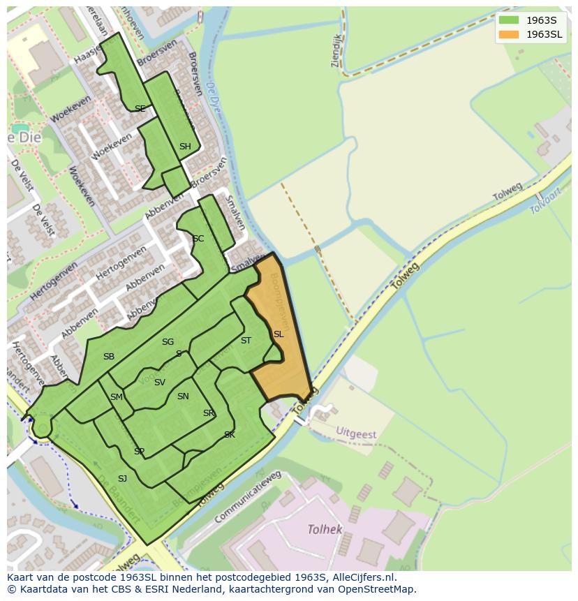 Afbeelding van het postcodegebied 1963 SL op de kaart.