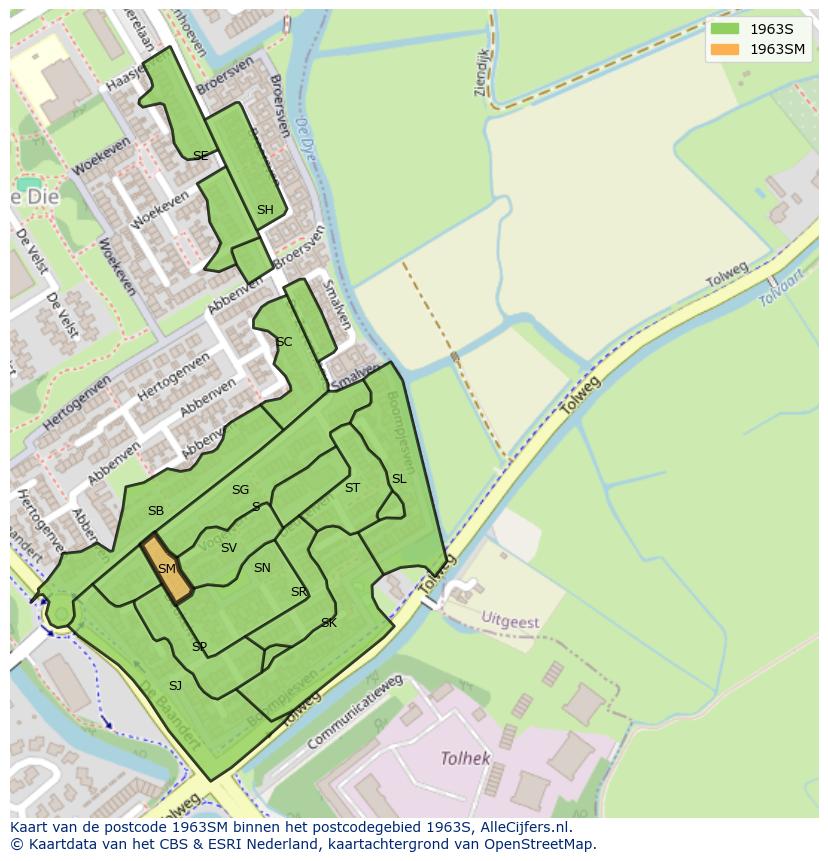 Afbeelding van het postcodegebied 1963 SM op de kaart.