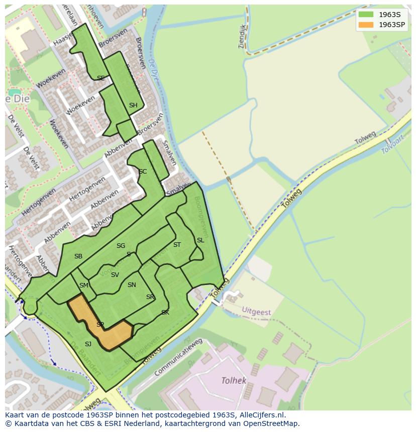 Afbeelding van het postcodegebied 1963 SP op de kaart.