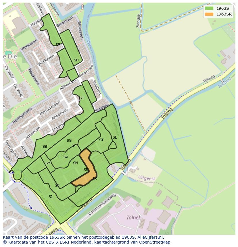 Afbeelding van het postcodegebied 1963 SR op de kaart.