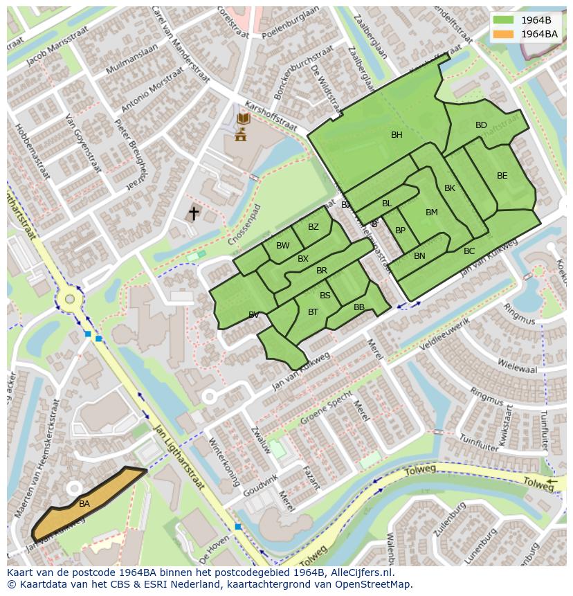 Afbeelding van het postcodegebied 1964 BA op de kaart.