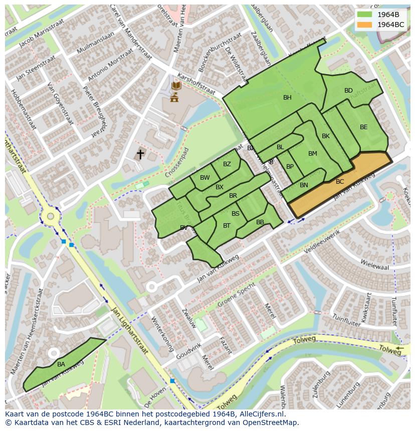 Afbeelding van het postcodegebied 1964 BC op de kaart.