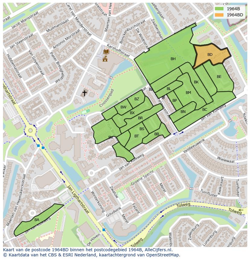Afbeelding van het postcodegebied 1964 BD op de kaart.