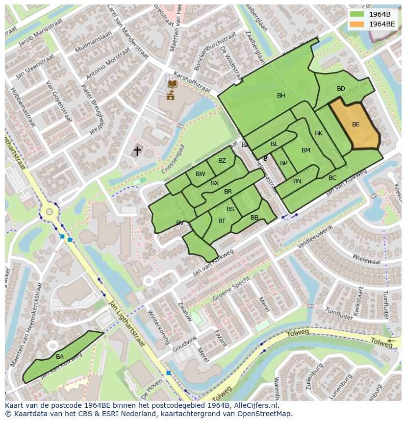 Afbeelding van het postcodegebied 1964 BE op de kaart.