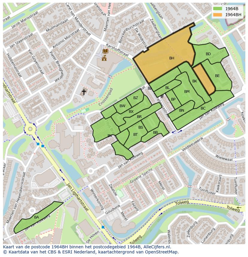Afbeelding van het postcodegebied 1964 BH op de kaart.