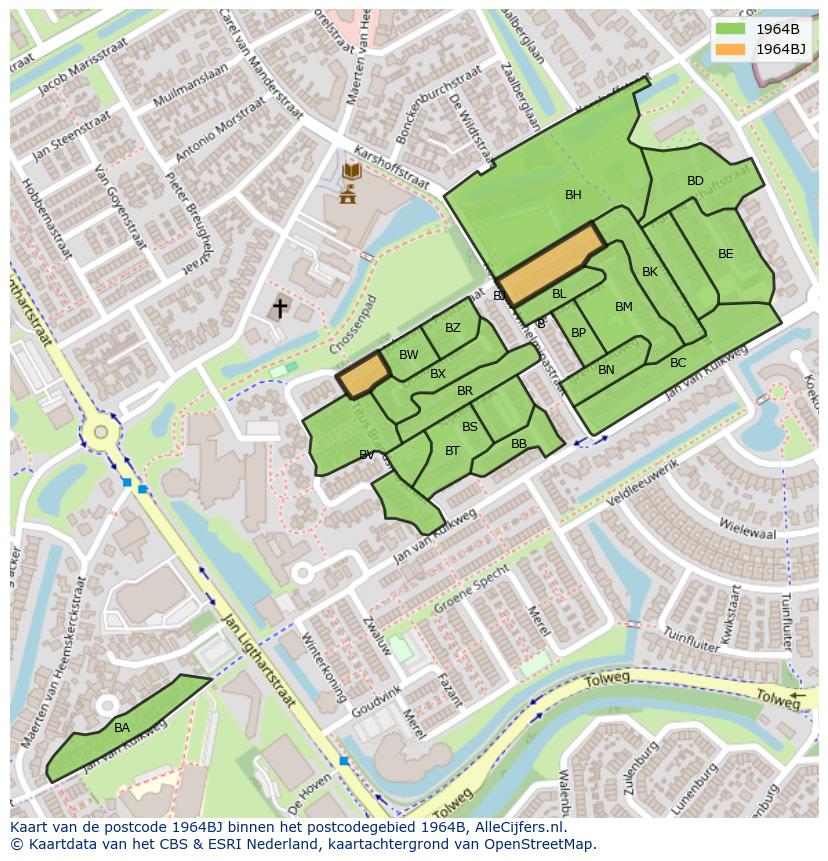 Afbeelding van het postcodegebied 1964 BJ op de kaart.