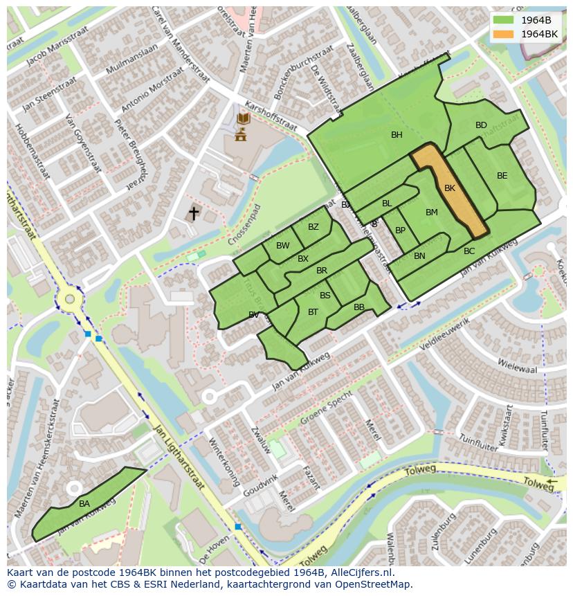 Afbeelding van het postcodegebied 1964 BK op de kaart.