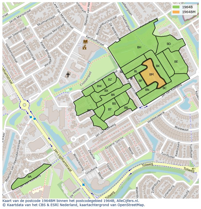 Afbeelding van het postcodegebied 1964 BM op de kaart.