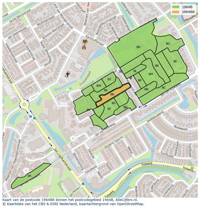 Afbeelding van het postcodegebied 1964 BR op de kaart.