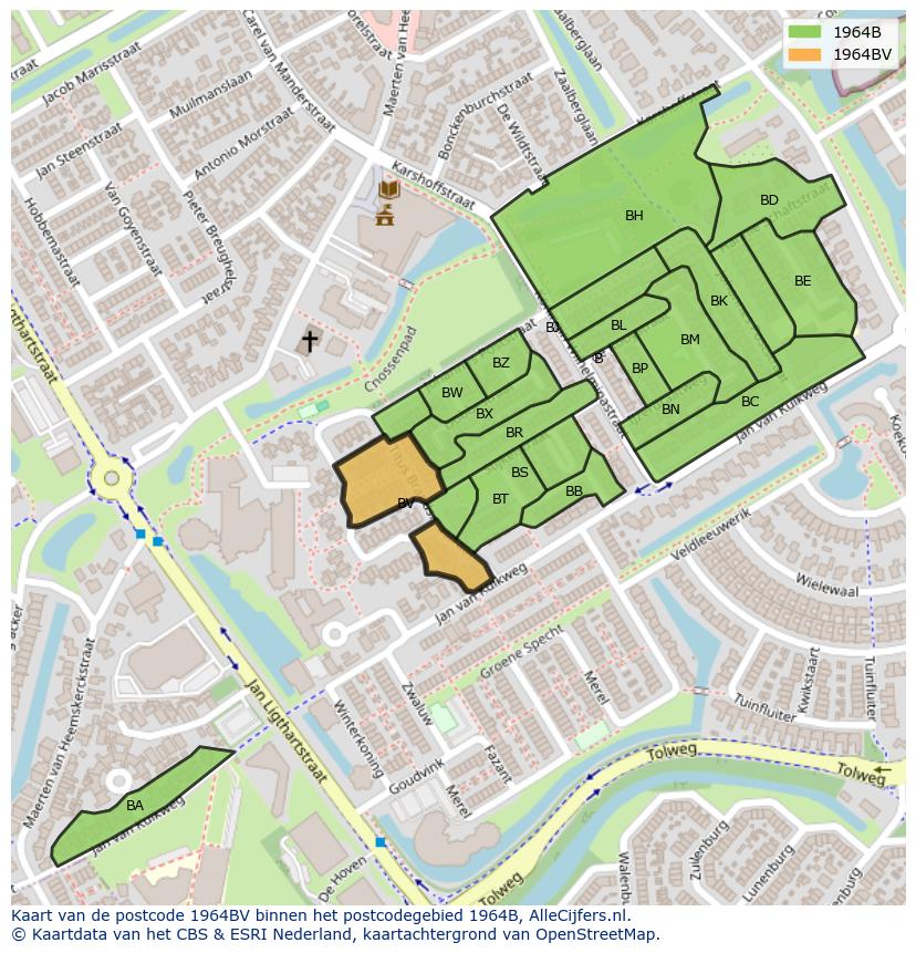 Afbeelding van het postcodegebied 1964 BV op de kaart.