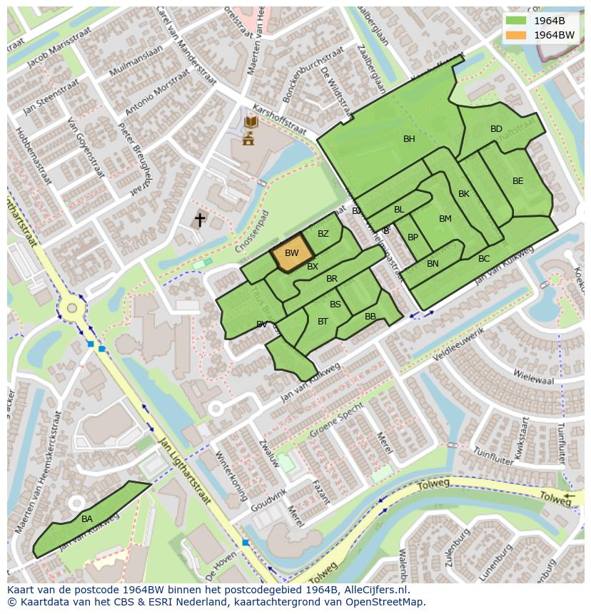 Afbeelding van het postcodegebied 1964 BW op de kaart.