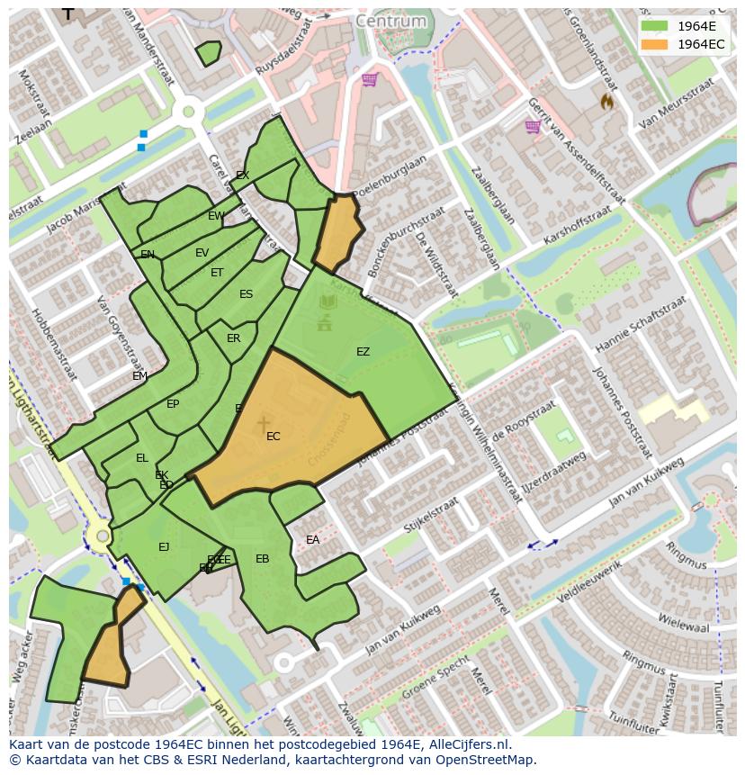 Afbeelding van het postcodegebied 1964 EC op de kaart.