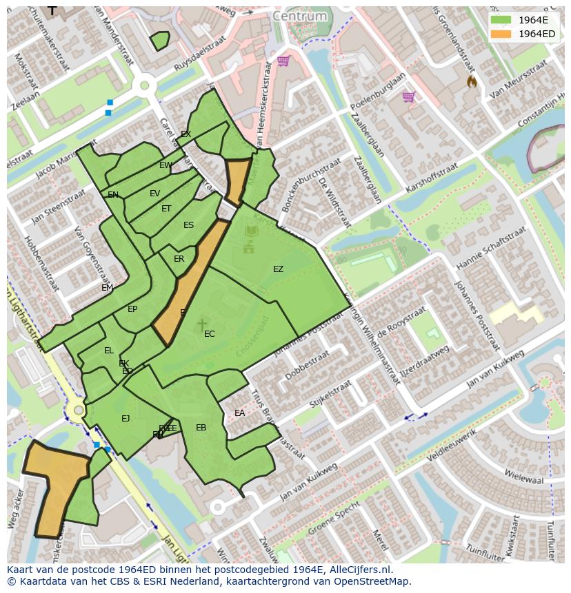 Afbeelding van het postcodegebied 1964 ED op de kaart.