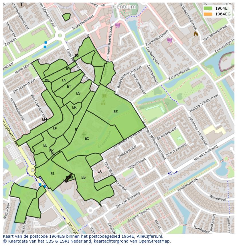 Afbeelding van het postcodegebied 1964 EG op de kaart.
