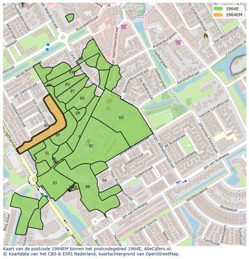Afbeelding van het postcodegebied 1964 EM op de kaart.