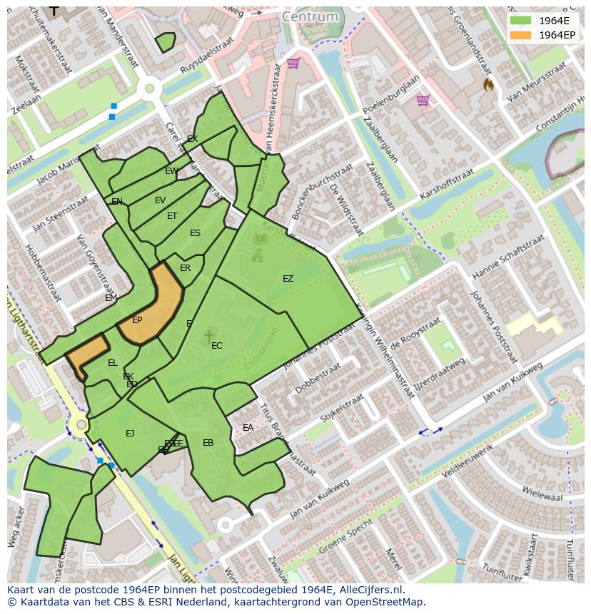 Afbeelding van het postcodegebied 1964 EP op de kaart.