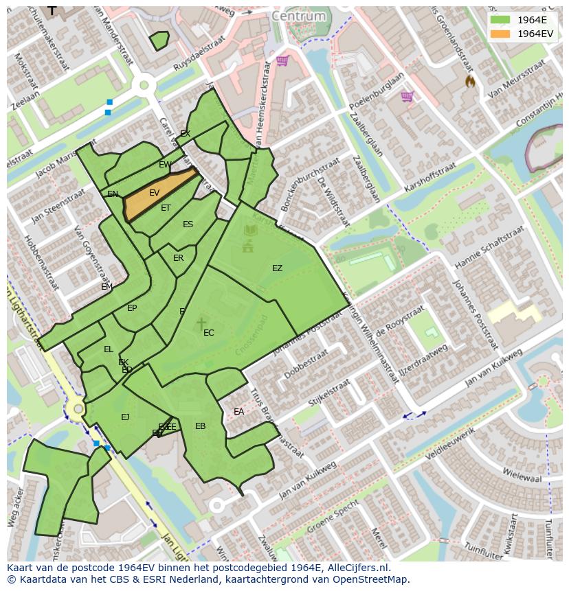 Afbeelding van het postcodegebied 1964 EV op de kaart.