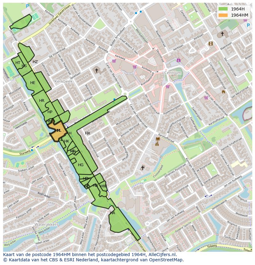 Afbeelding van het postcodegebied 1964 HM op de kaart.