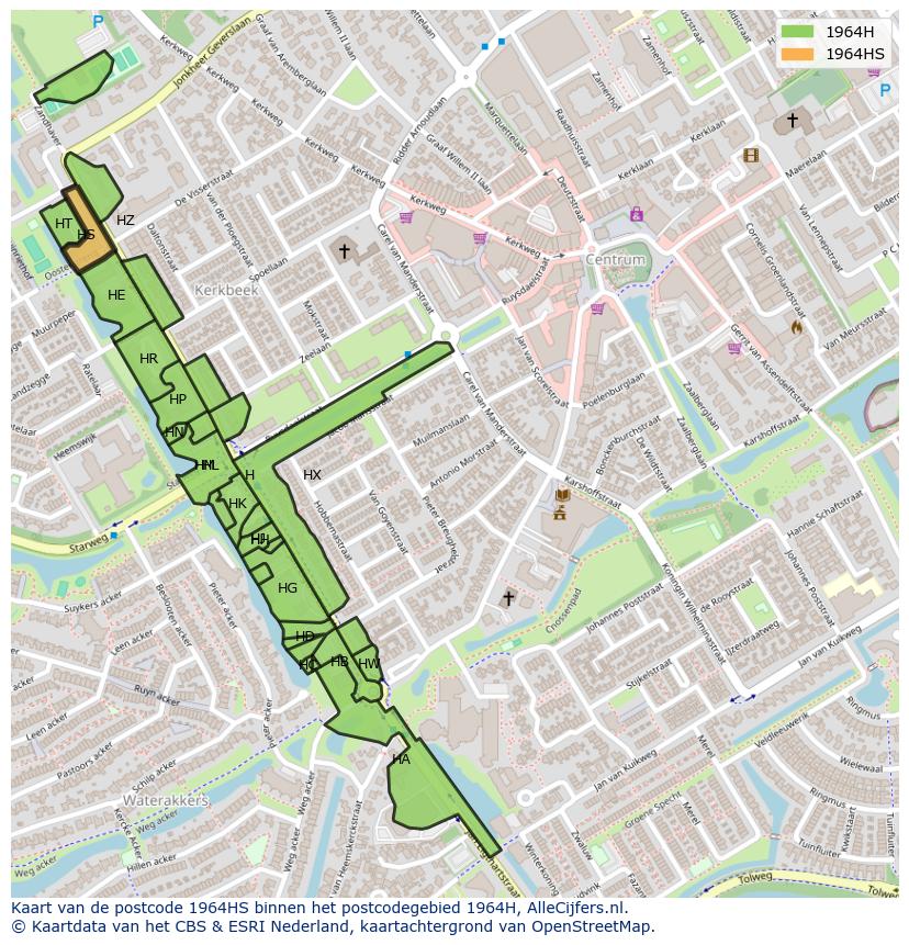 Afbeelding van het postcodegebied 1964 HS op de kaart.