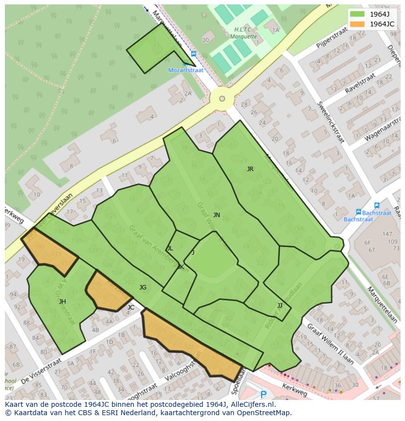 Afbeelding van het postcodegebied 1964 JC op de kaart.