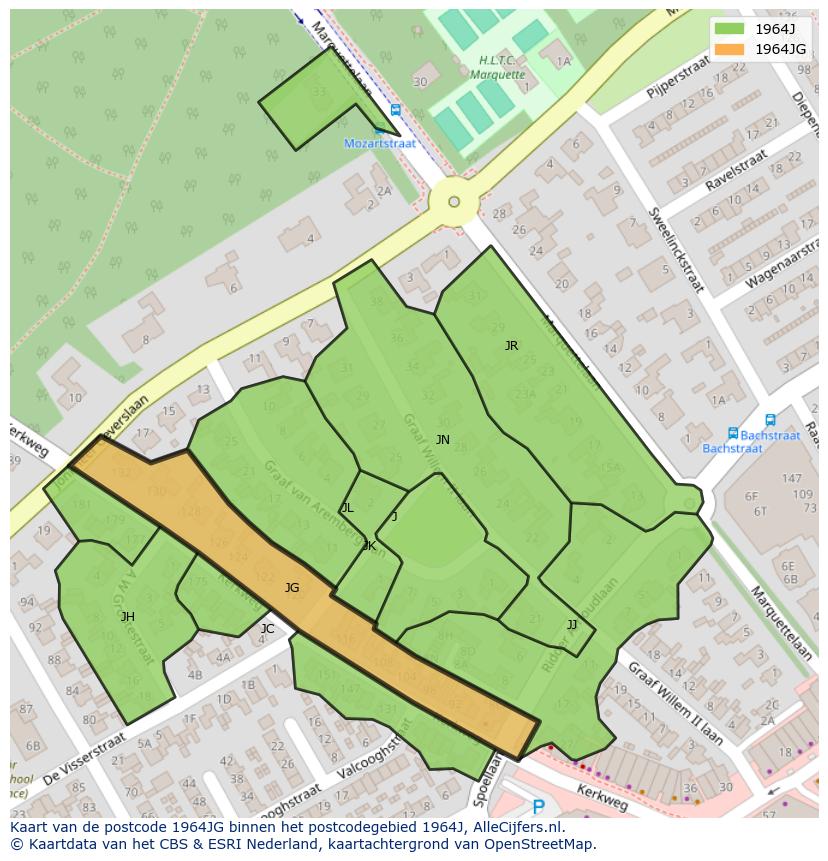 Afbeelding van het postcodegebied 1964 JG op de kaart.