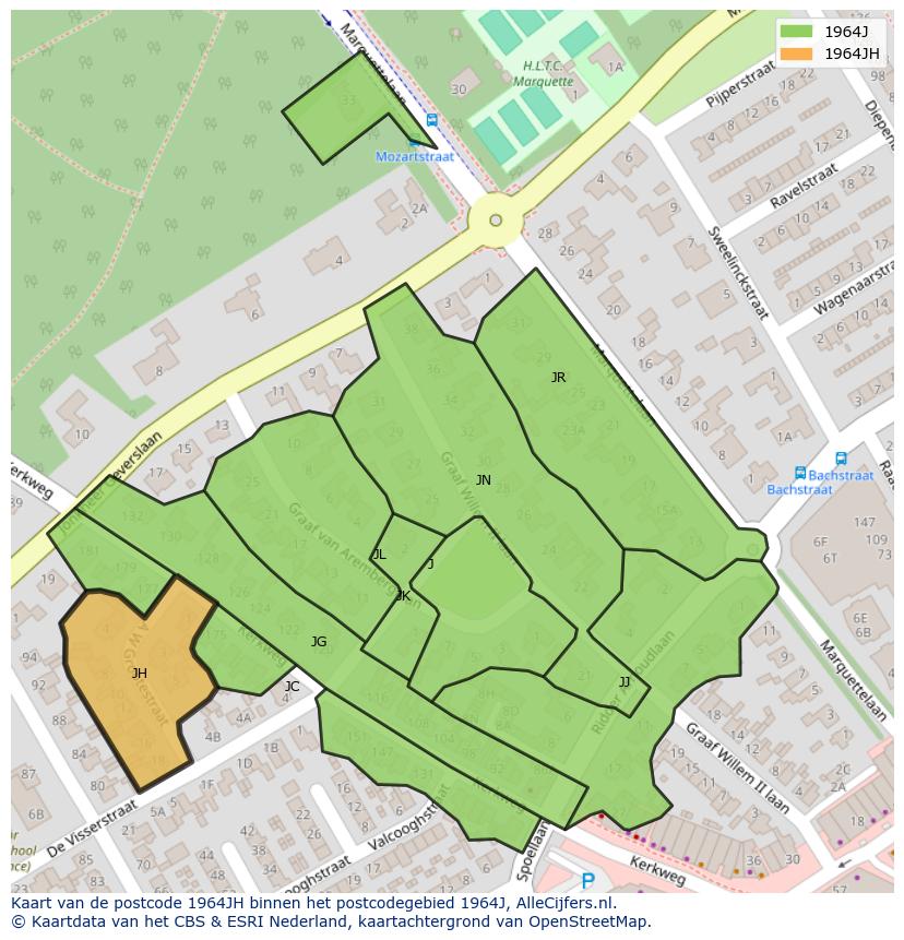 Afbeelding van het postcodegebied 1964 JH op de kaart.