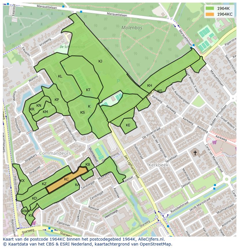 Afbeelding van het postcodegebied 1964 KC op de kaart.