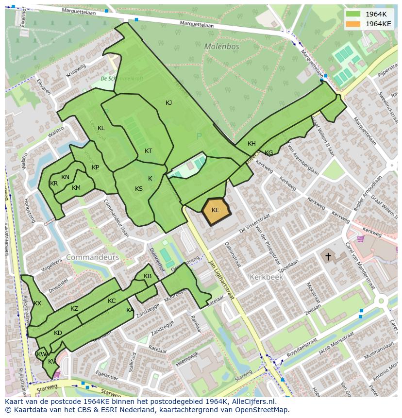 Afbeelding van het postcodegebied 1964 KE op de kaart.