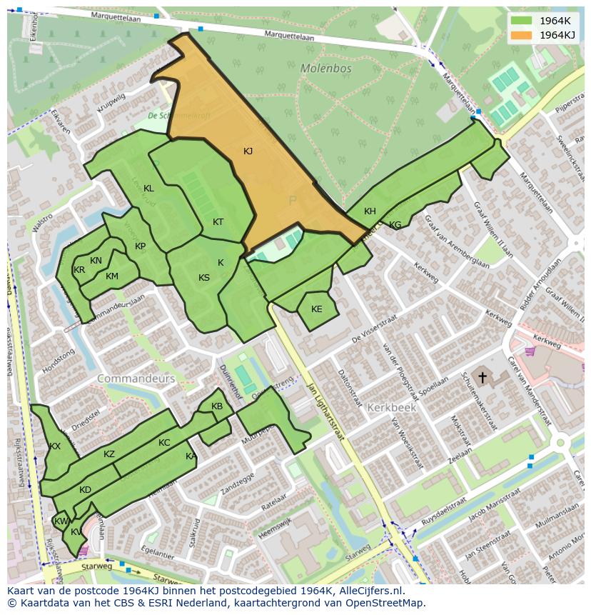 Afbeelding van het postcodegebied 1964 KJ op de kaart.
