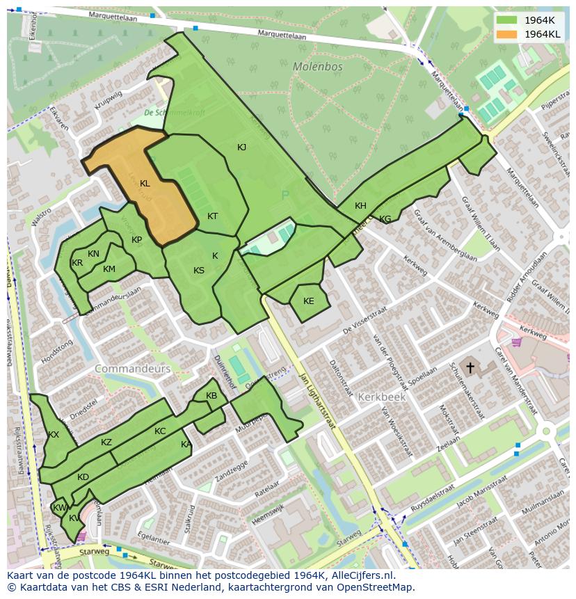 Afbeelding van het postcodegebied 1964 KL op de kaart.
