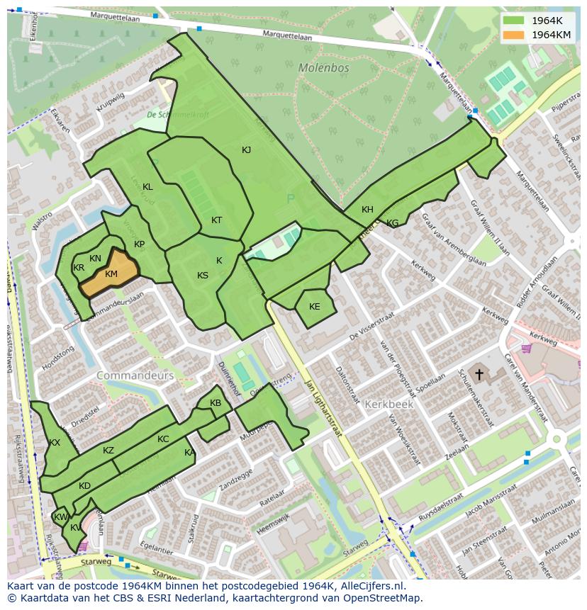 Afbeelding van het postcodegebied 1964 KM op de kaart.
