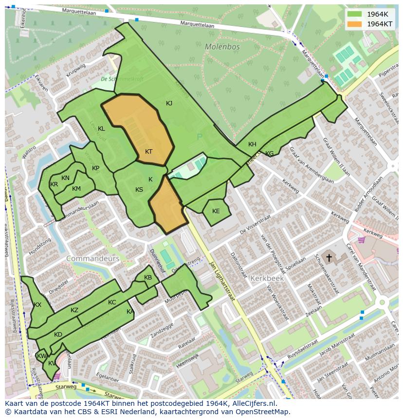 Afbeelding van het postcodegebied 1964 KT op de kaart.