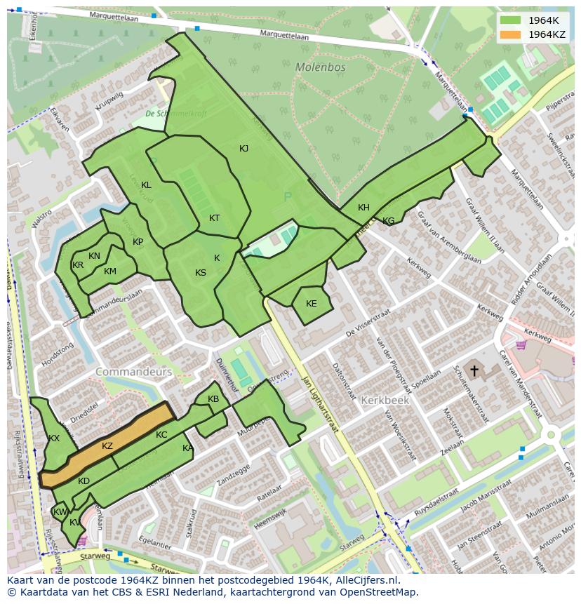 Afbeelding van het postcodegebied 1964 KZ op de kaart.