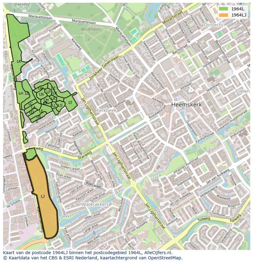 Afbeelding van het postcodegebied 1964 LJ op de kaart.