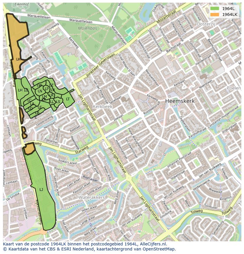 Afbeelding van het postcodegebied 1964 LK op de kaart.
