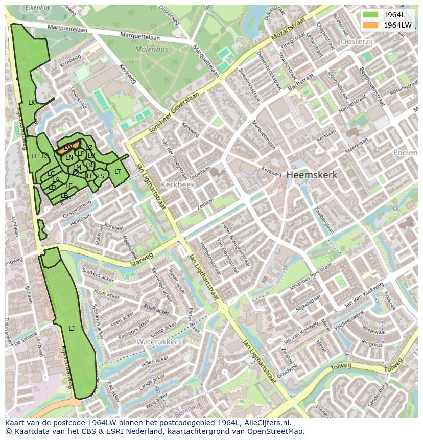 Afbeelding van het postcodegebied 1964 LW op de kaart.