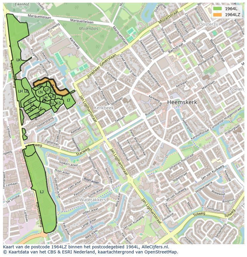 Afbeelding van het postcodegebied 1964 LZ op de kaart.